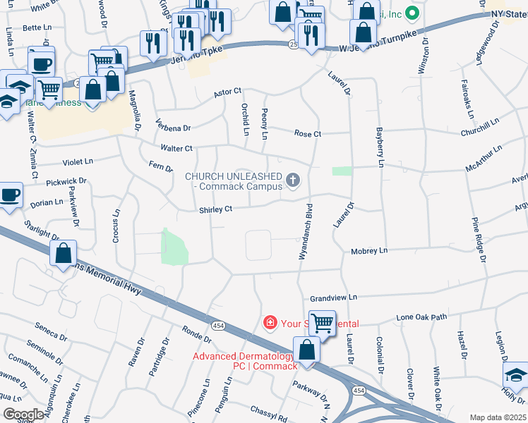 map of restaurants, bars, coffee shops, grocery stores, and more near 72 Shirley Ct in Commack