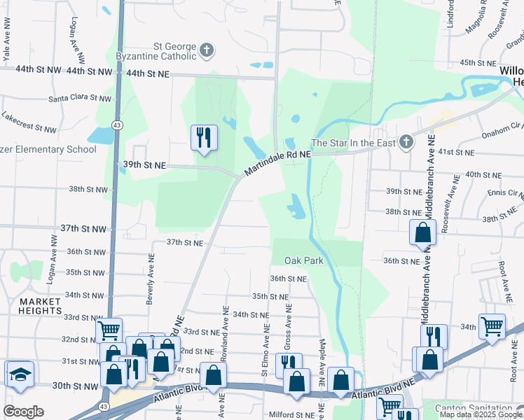 map of restaurants, bars, coffee shops, grocery stores, and more near 3742 Martindale Road Northeast in Canton