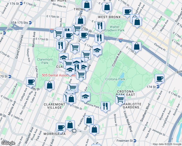 map of restaurants, bars, coffee shops, grocery stores, and more near in Bronx