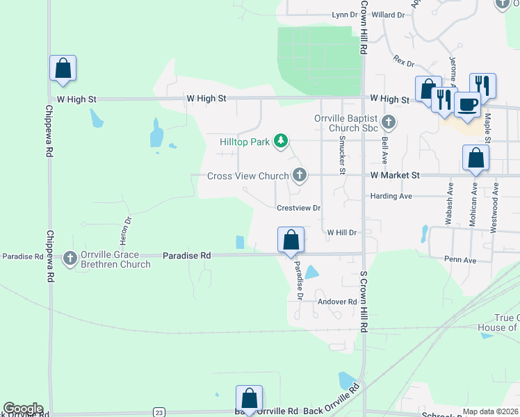 map of restaurants, bars, coffee shops, grocery stores, and more near 1912 Crestview Drive in Orrville