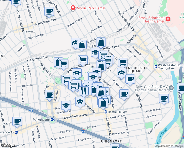map of restaurants, bars, coffee shops, grocery stores, and more near 1605 Purdy Street in Bronx