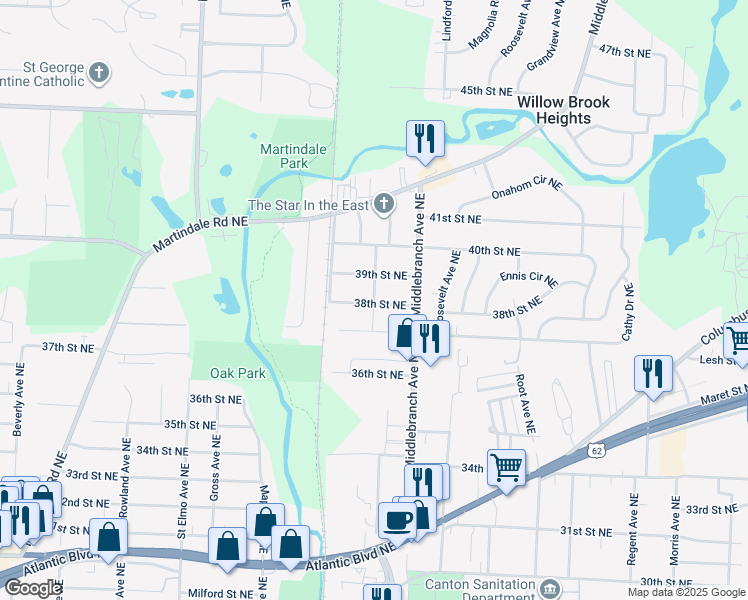 map of restaurants, bars, coffee shops, grocery stores, and more near 3899 Loehrmoore Avenue Northeast in Canton