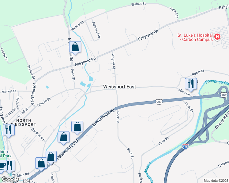 map of restaurants, bars, coffee shops, grocery stores, and more near 1055 Main Road in Lehighton