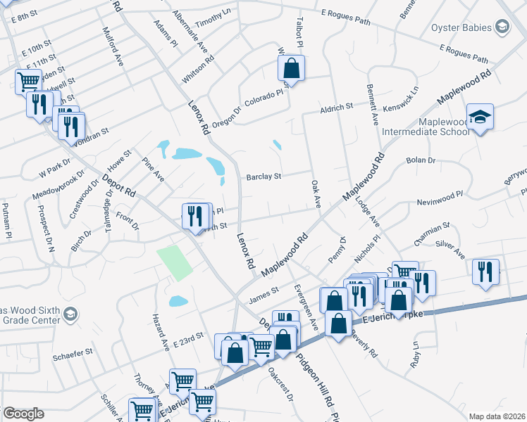 map of restaurants, bars, coffee shops, grocery stores, and more near 251 East 17th Street in Huntington Station