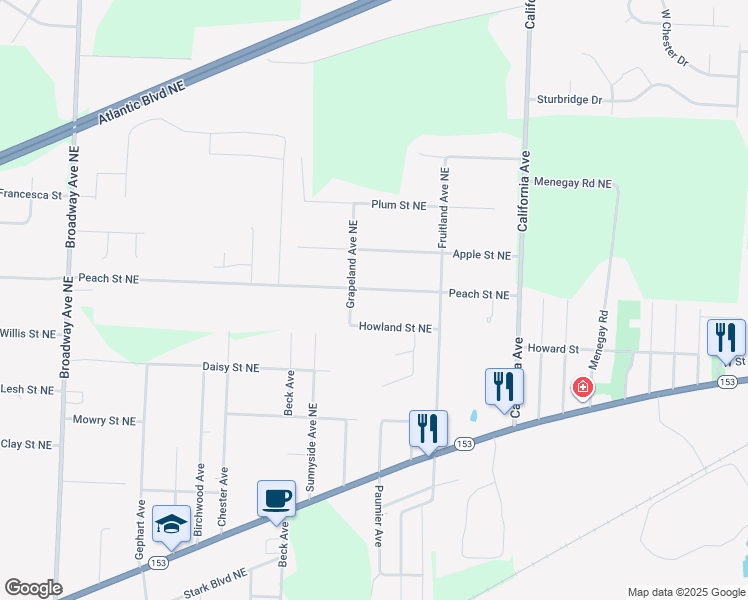 map of restaurants, bars, coffee shops, grocery stores, and more near 6196 Peach Street Northeast in Louisville