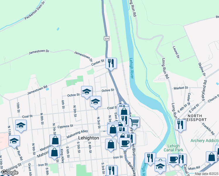 map of restaurants, bars, coffee shops, grocery stores, and more near 409 North 2nd Street in Lehighton