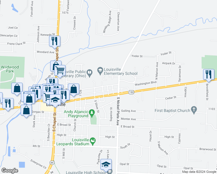 map of restaurants, bars, coffee shops, grocery stores, and more near 1020 Washington Avenue in Louisville