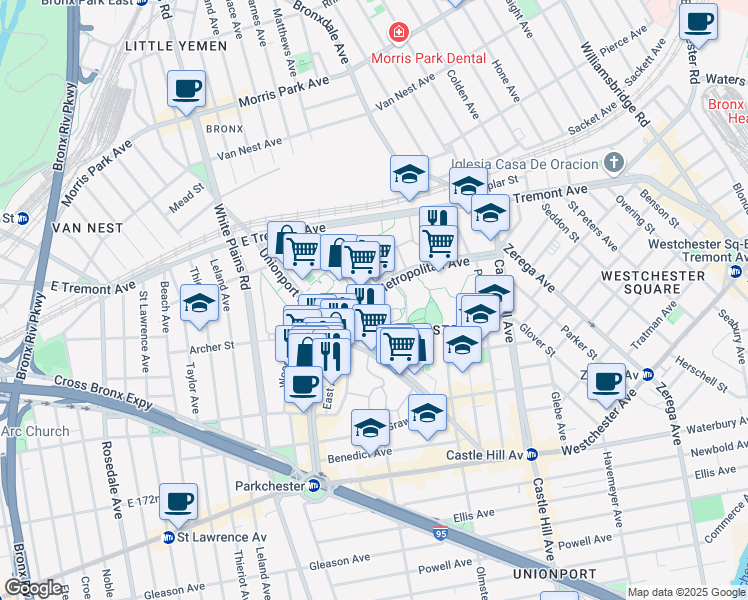 map of restaurants, bars, coffee shops, grocery stores, and more near 1504 Metropolitan Avenue in Bronx