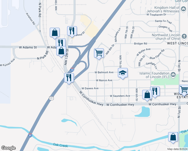 map of restaurants, bars, coffee shops, grocery stores, and more near 2637 Northwest 9th Street in Lincoln