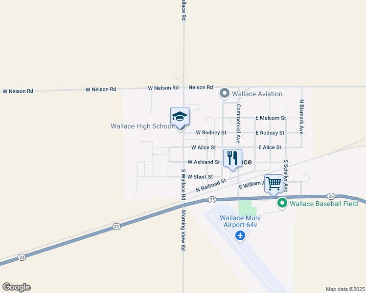 map of restaurants, bars, coffee shops, grocery stores, and more near 151 North Wallace Road in Wallace