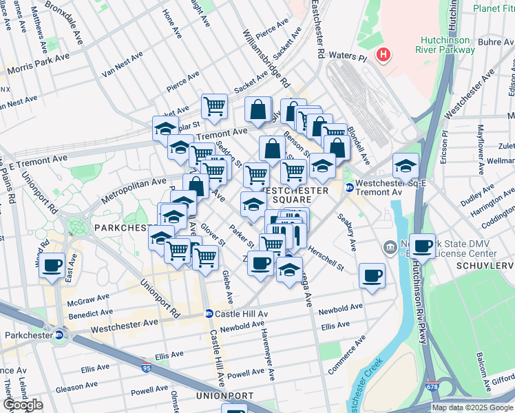 map of restaurants, bars, coffee shops, grocery stores, and more near 1509 Rowland Street in Bronx