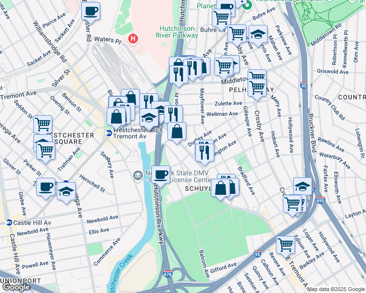 map of restaurants, bars, coffee shops, grocery stores, and more near 3110 East Tremont Avenue in The Bronx