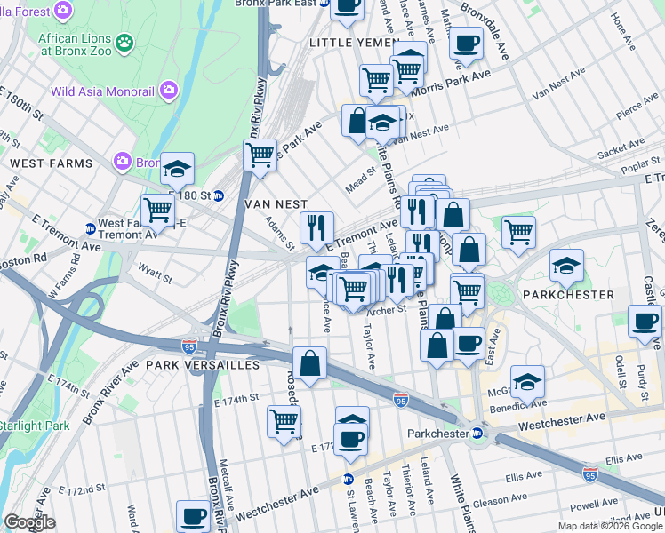 map of restaurants, bars, coffee shops, grocery stores, and more near 1533 Beach Avenue in The Bronx