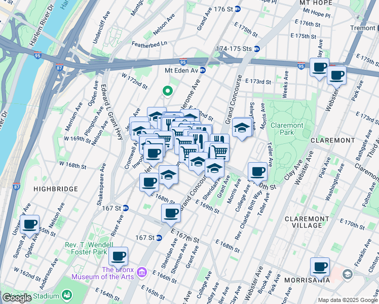 map of restaurants, bars, coffee shops, grocery stores, and more near 118 East 170th Street in The Bronx