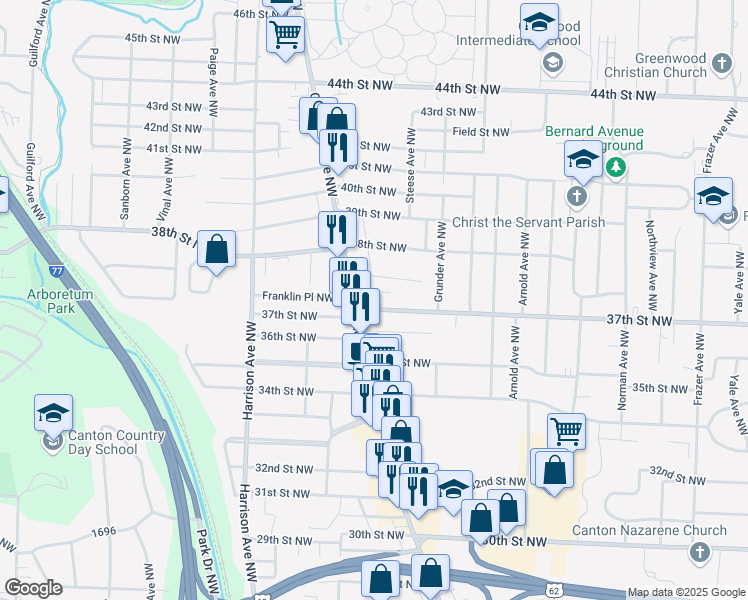 map of restaurants, bars, coffee shops, grocery stores, and more near 1707 37th Street Northwest in Canton