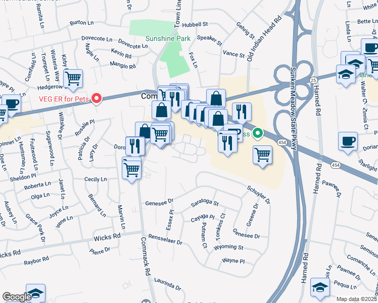 map of restaurants, bars, coffee shops, grocery stores, and more near 85 Fairfield Way in Commack
