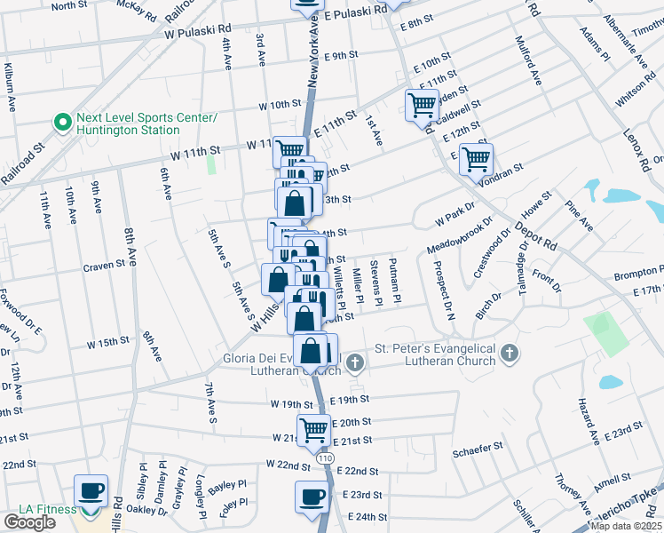 map of restaurants, bars, coffee shops, grocery stores, and more near 6 Willetts Place in Huntington Station