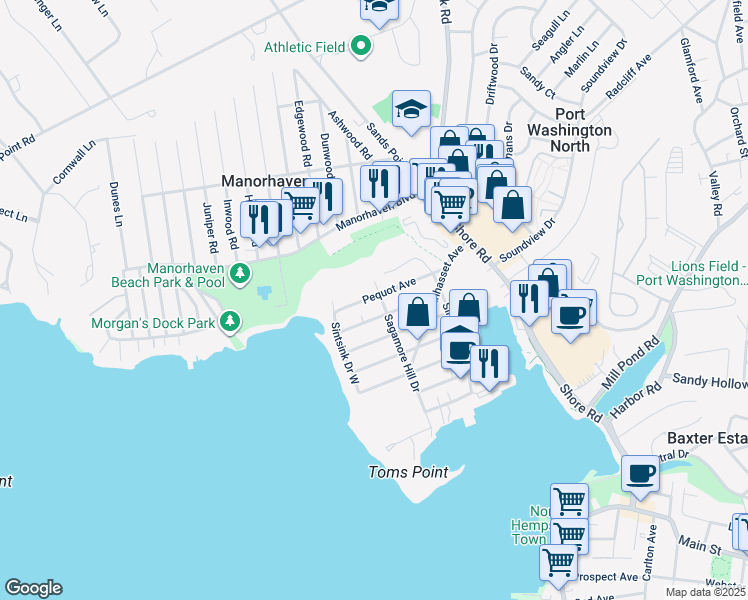 map of restaurants, bars, coffee shops, grocery stores, and more near 65 Sagamore Hill Drive in Port Washington