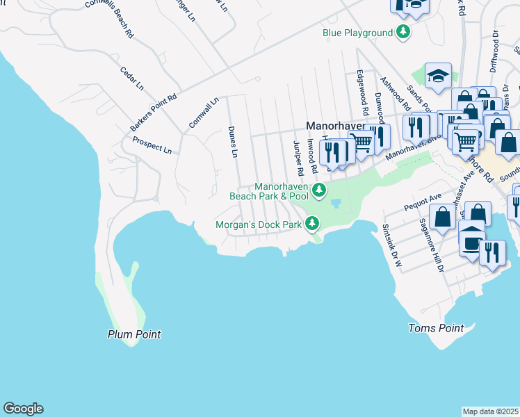 map of restaurants, bars, coffee shops, grocery stores, and more near 26 Marwood Road South in Port Washington