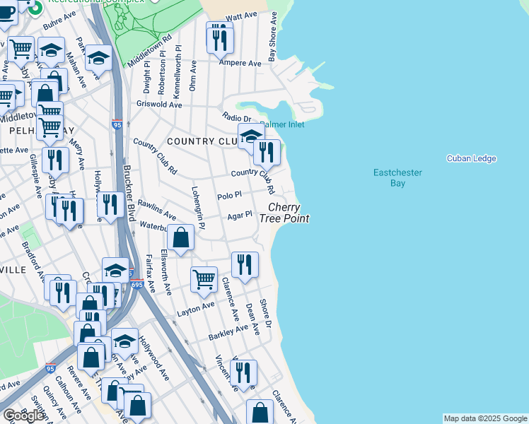 map of restaurants, bars, coffee shops, grocery stores, and more near 3356 Agar Place in Bronx