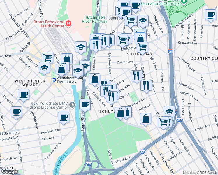 map of restaurants, bars, coffee shops, grocery stores, and more near 2826 Harrington Avenue in Bronx