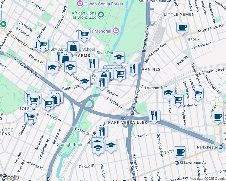 map of restaurants, bars, coffee shops, grocery stores, and more near in Bronx
