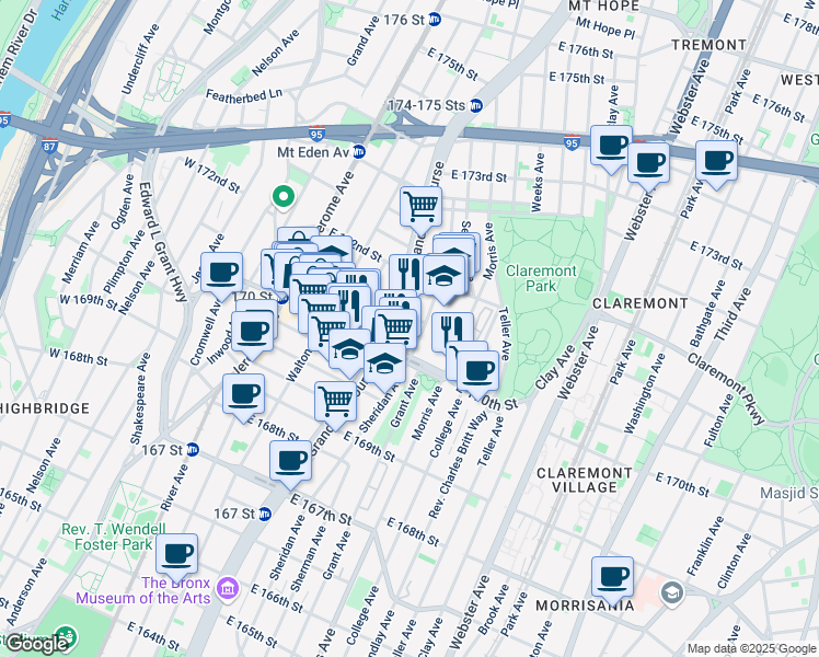 map of restaurants, bars, coffee shops, grocery stores, and more near in The Bronx
