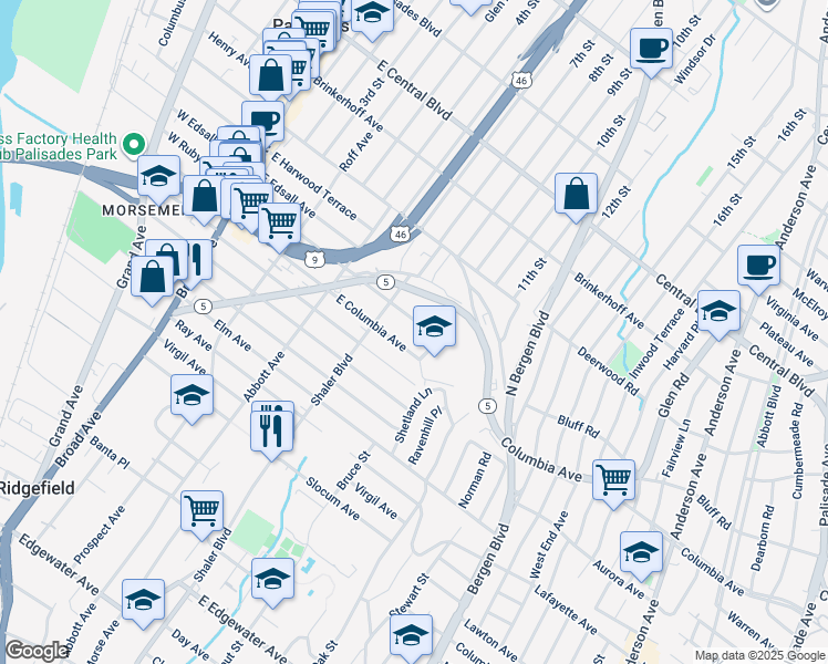 map of restaurants, bars, coffee shops, grocery stores, and more near 324B East Columbia Avenue in Palisades Park
