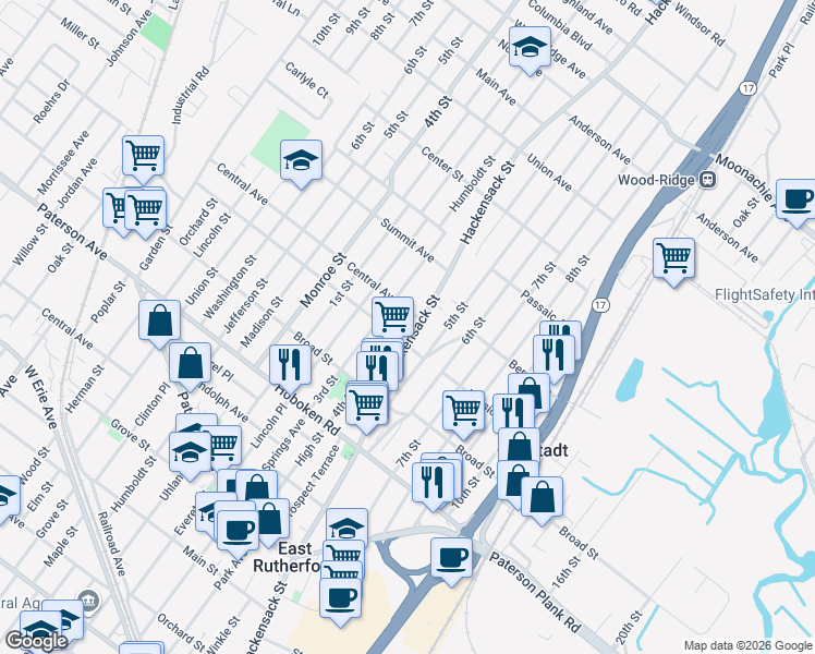 map of restaurants, bars, coffee shops, grocery stores, and more near 446 Hackensack Street in Carlstadt