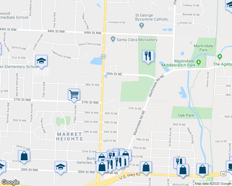 map of restaurants, bars, coffee shops, grocery stores, and more near 148 Vicary Square Northeast in Canton