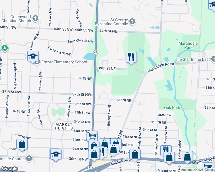 map of restaurants, bars, coffee shops, grocery stores, and more near 164 Vicary Square Northeast in Canton