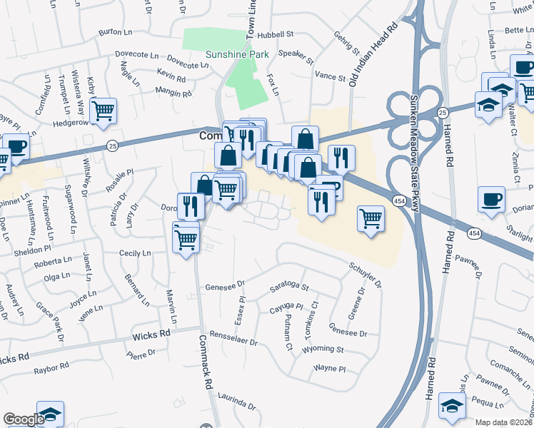map of restaurants, bars, coffee shops, grocery stores, and more near 25 Fairfield Way in Commack