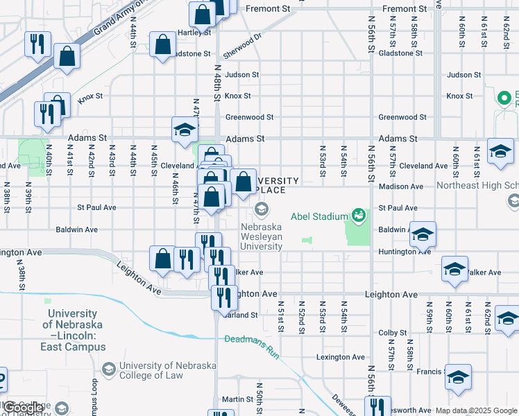 map of restaurants, bars, coffee shops, grocery stores, and more near in Lincoln