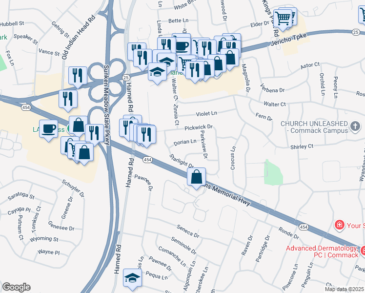 map of restaurants, bars, coffee shops, grocery stores, and more near 5 Garden Lane in Commack