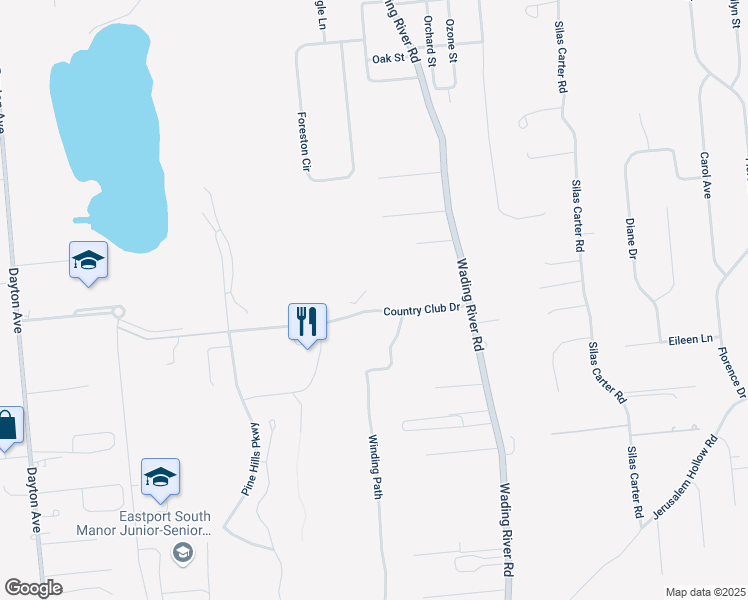 map of restaurants, bars, coffee shops, grocery stores, and more near 1 Country Club Drive in Manorville