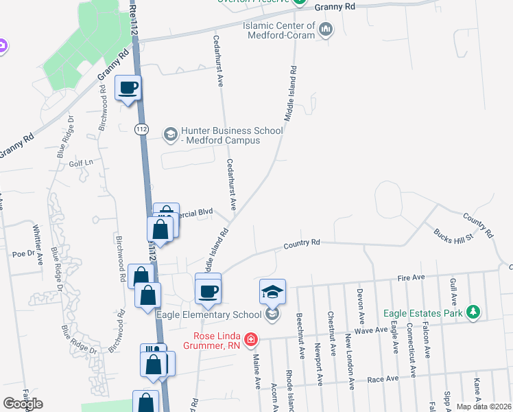 map of restaurants, bars, coffee shops, grocery stores, and more near 239 Middle Island Road in Medford