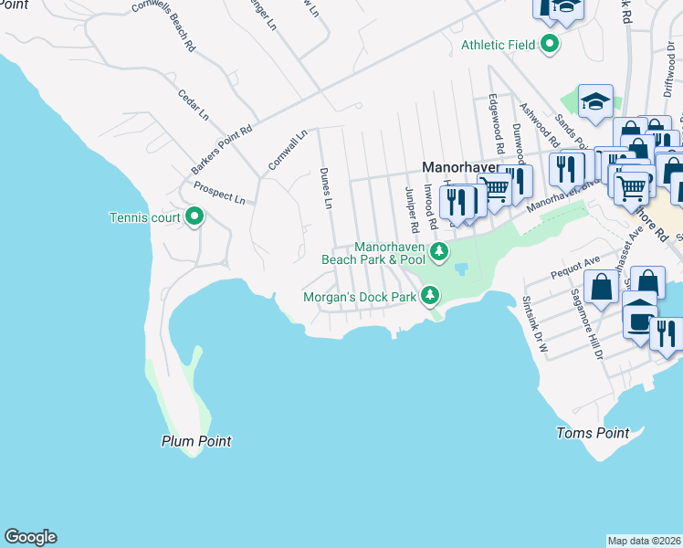map of restaurants, bars, coffee shops, grocery stores, and more near 26 Oldwood Road South in Port Washington