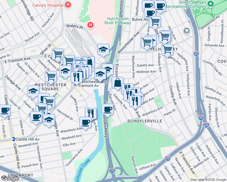 map of restaurants, bars, coffee shops, grocery stores, and more near 1429 Edwards Avenue in Bronx