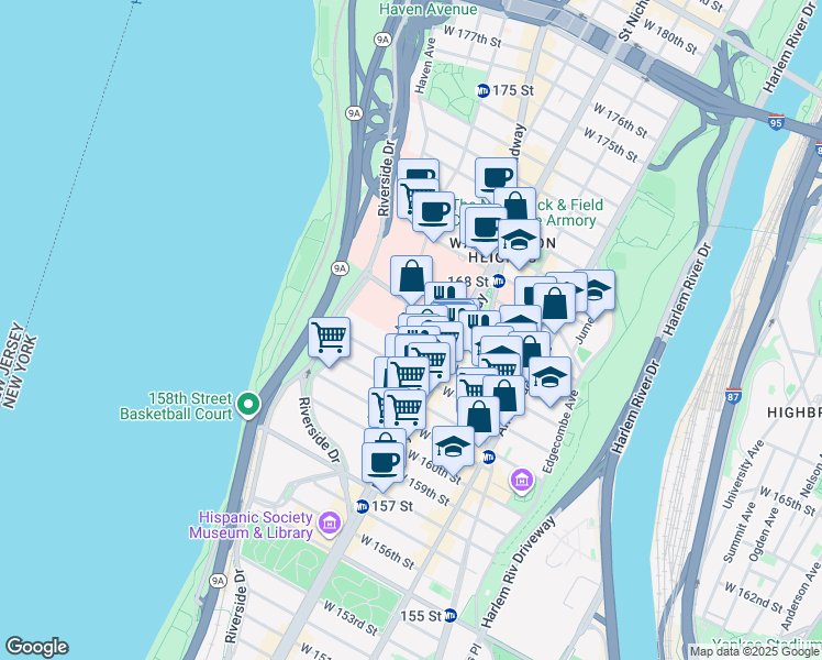 map of restaurants, bars, coffee shops, grocery stores, and more near 128 Fort Washington Avenue in New York