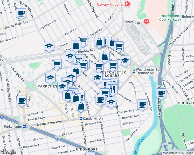 map of restaurants, bars, coffee shops, grocery stores, and more near 1570 Zerega Avenue in Bronx