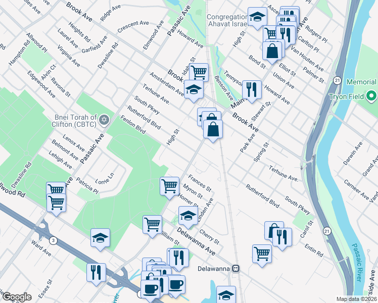 map of restaurants, bars, coffee shops, grocery stores, and more near 311 Rutherford Boulevard in Clifton