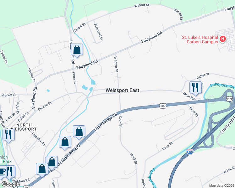 map of restaurants, bars, coffee shops, grocery stores, and more near 1055 Main Road in Lehighton