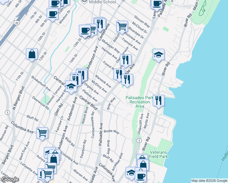 map of restaurants, bars, coffee shops, grocery stores, and more near 1248 Palisade Avenue in Fort Lee