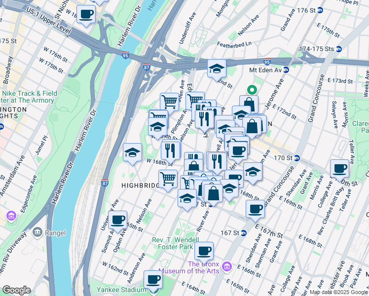 map of restaurants, bars, coffee shops, grocery stores, and more near 1277 Shakespeare Avenue in Bronx