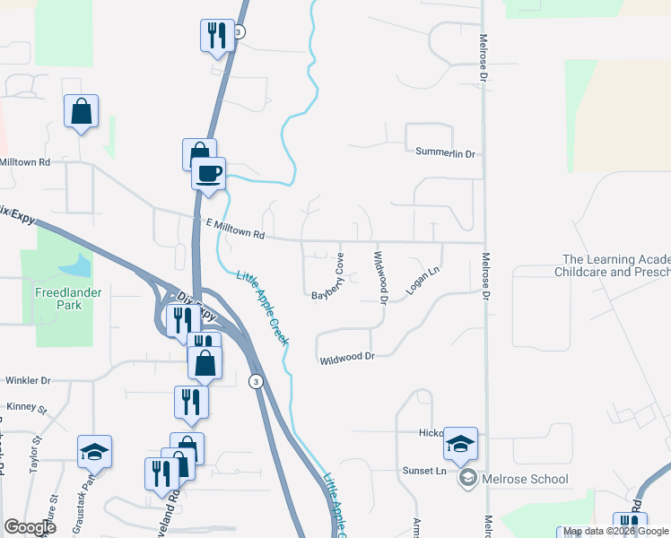 map of restaurants, bars, coffee shops, grocery stores, and more near 3100 Bayberry Cove in Wooster
