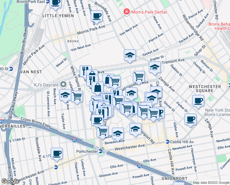 map of restaurants, bars, coffee shops, grocery stores, and more near 1504 Metropolitan Avenue in Bronx