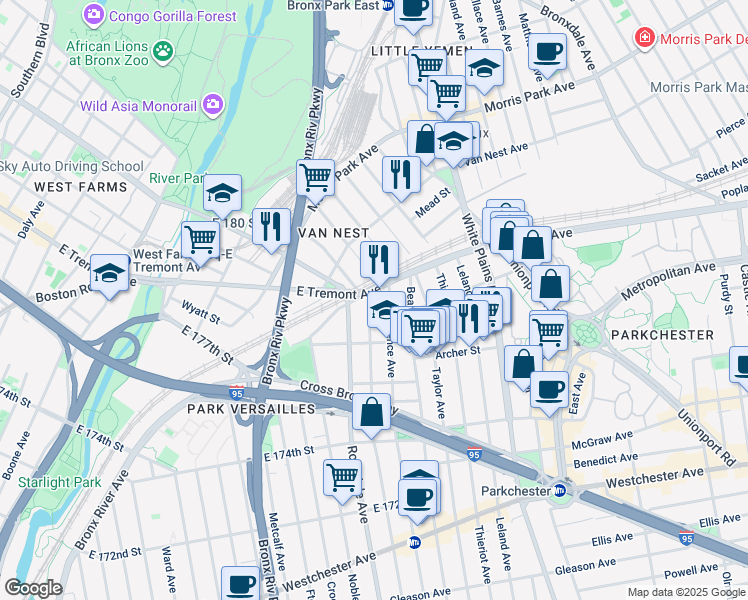 map of restaurants, bars, coffee shops, grocery stores, and more near 1532 Commonwealth Avenue in Bronx