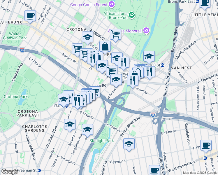 map of restaurants, bars, coffee shops, grocery stores, and more near 1923 West Farms Road in Bronx