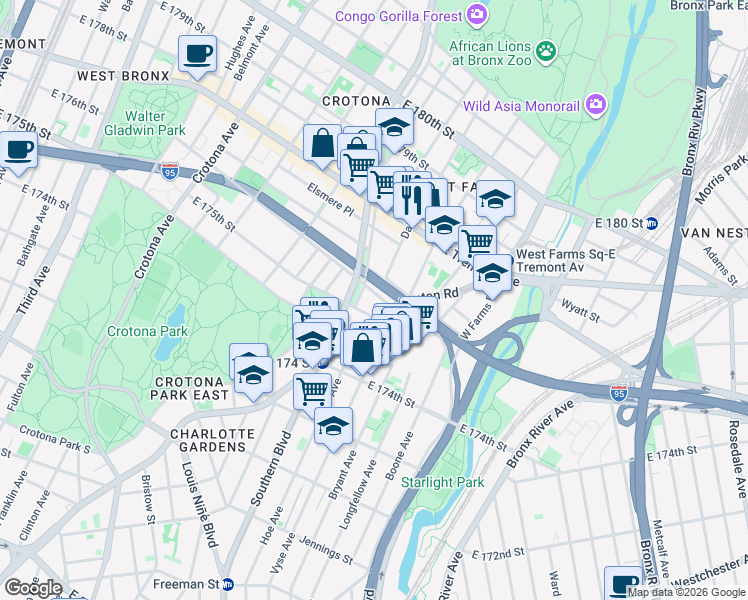 map of restaurants, bars, coffee shops, grocery stores, and more near 911 East 175th Street in Bronx
