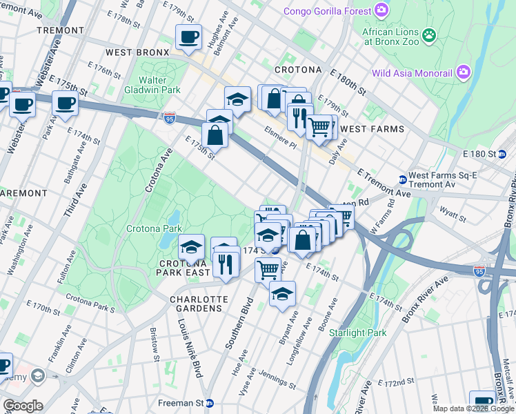 map of restaurants, bars, coffee shops, grocery stores, and more near 3 Crotona Park North in Bronx